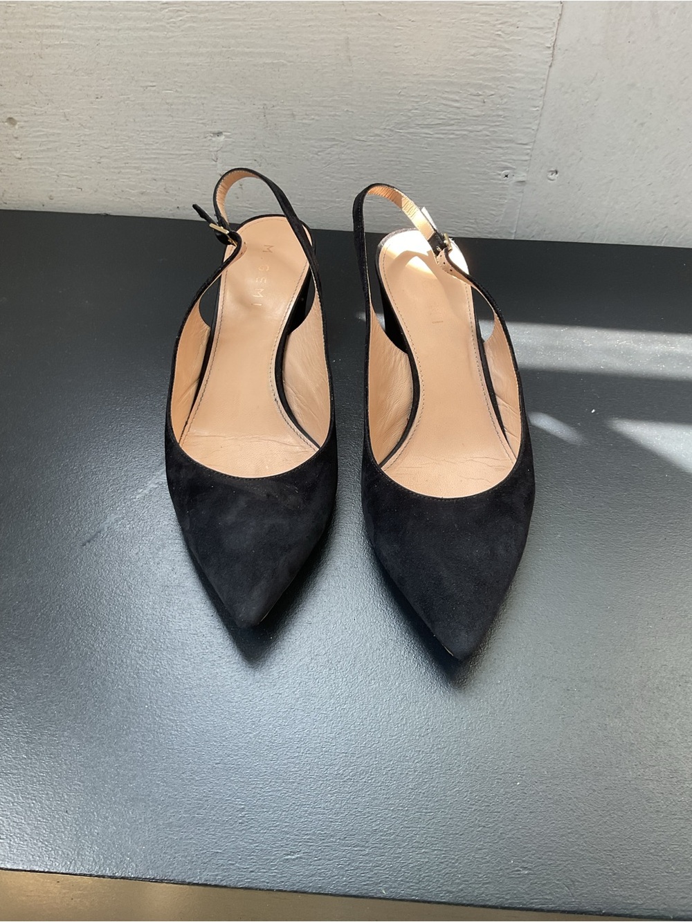 Black Suede Pointed Slingback Heels with Gold Buckle